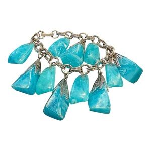 Vintage Chunky Lucite Charm Turquoise Marbleized Silver Tone Retro J12